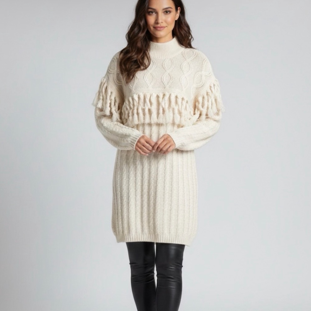 Express Tricot Vintage Tassel Fringe Knit Mock Neck Cream Sweater Sz S